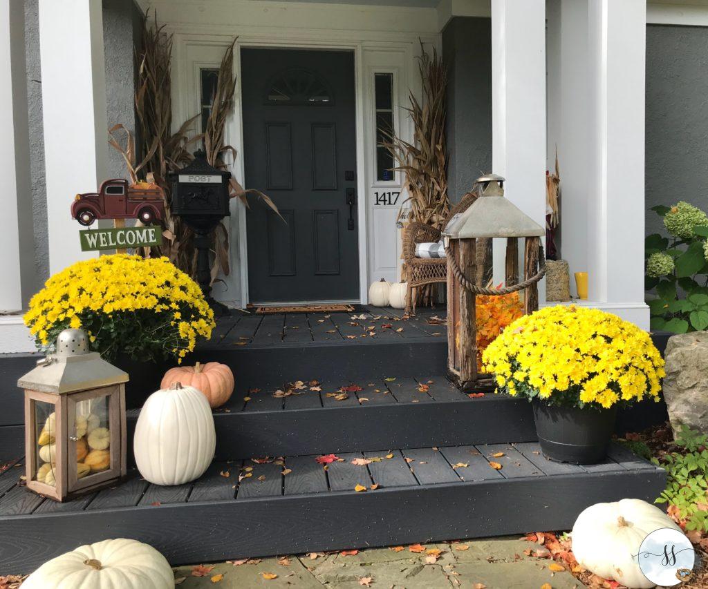 fall porch, fall decor, fall front entrance, fall planters, fall window boxes