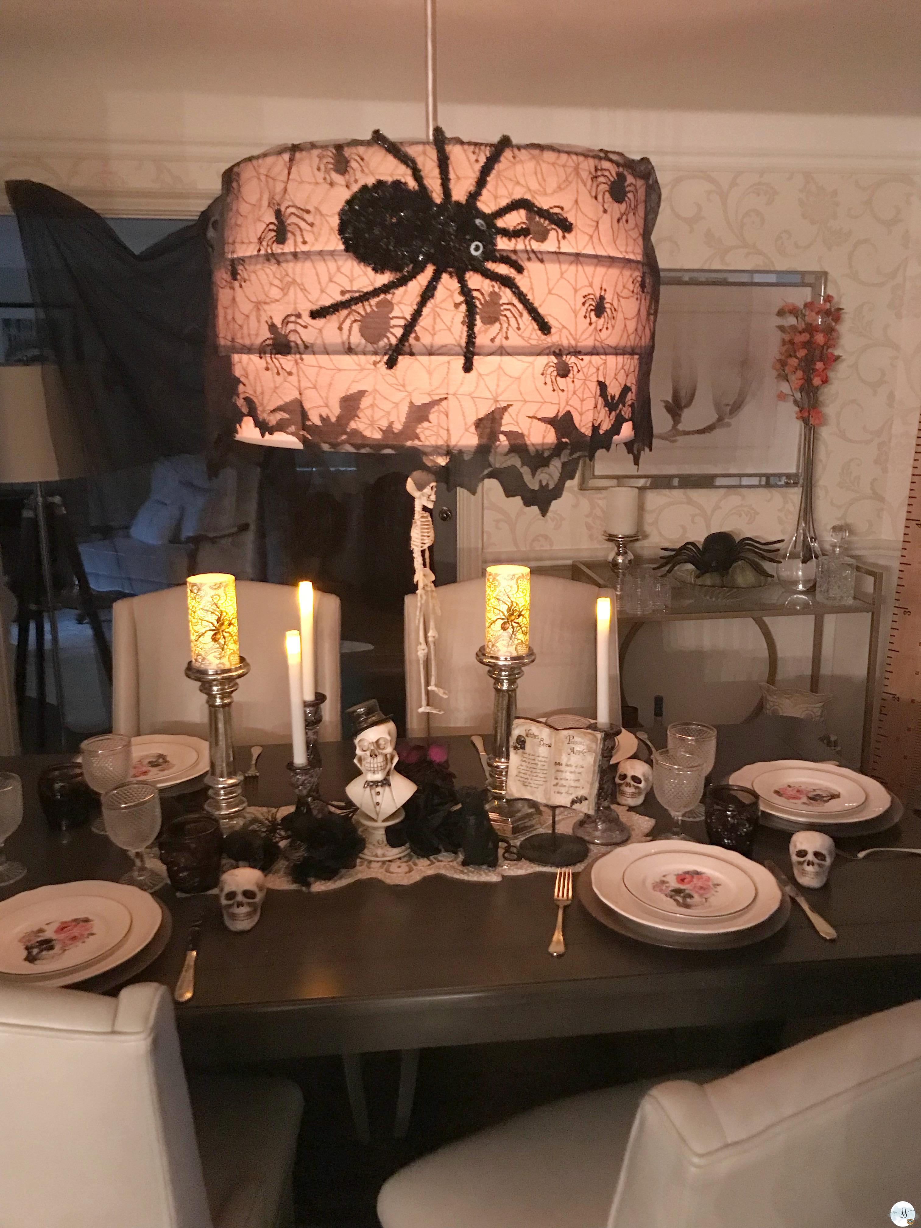 Halloween table scape, with skulls and spooky spiders