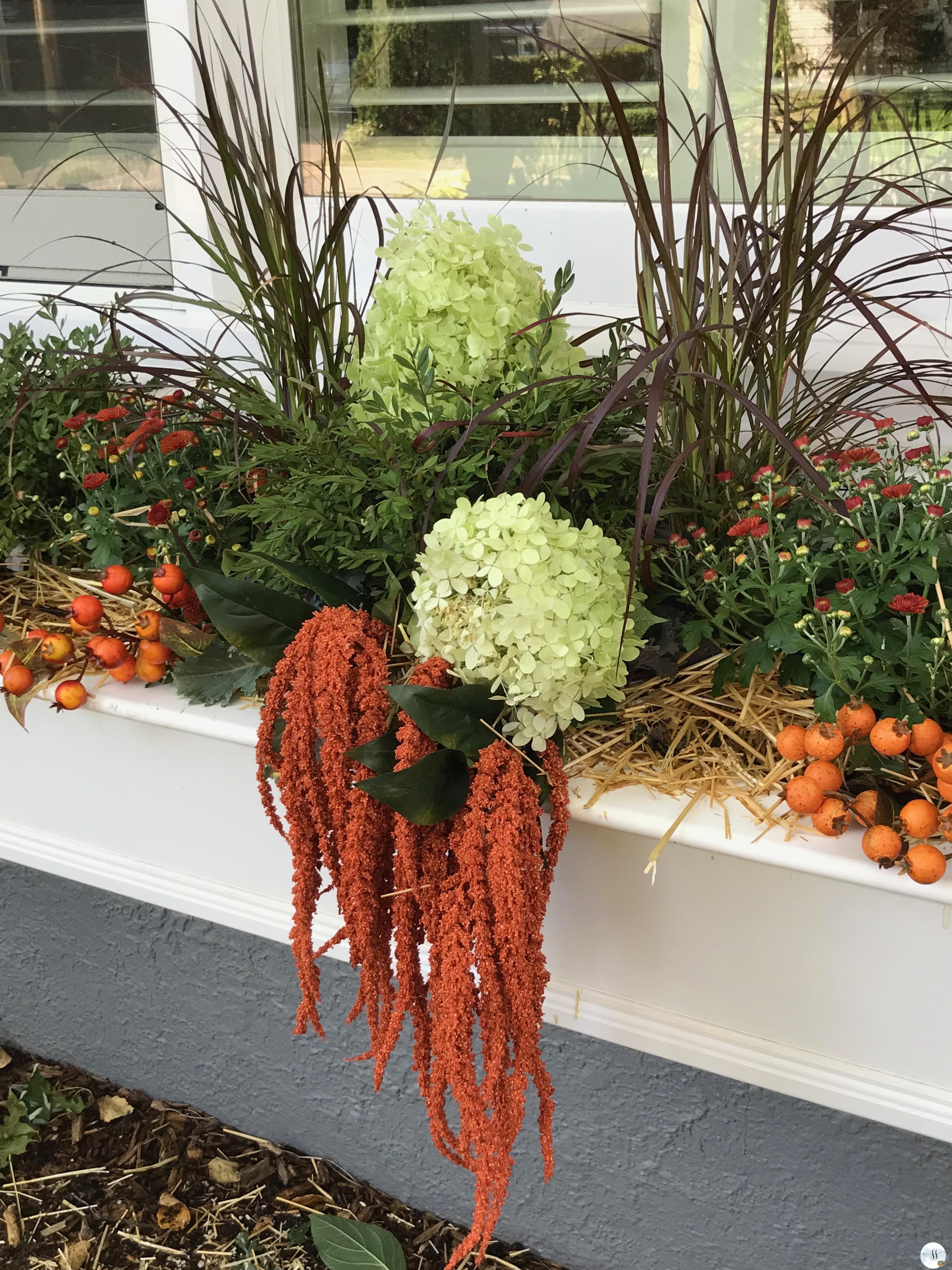 fall decor, better homes and garden, outdoor gardens, window boxes, planters, faux flowers