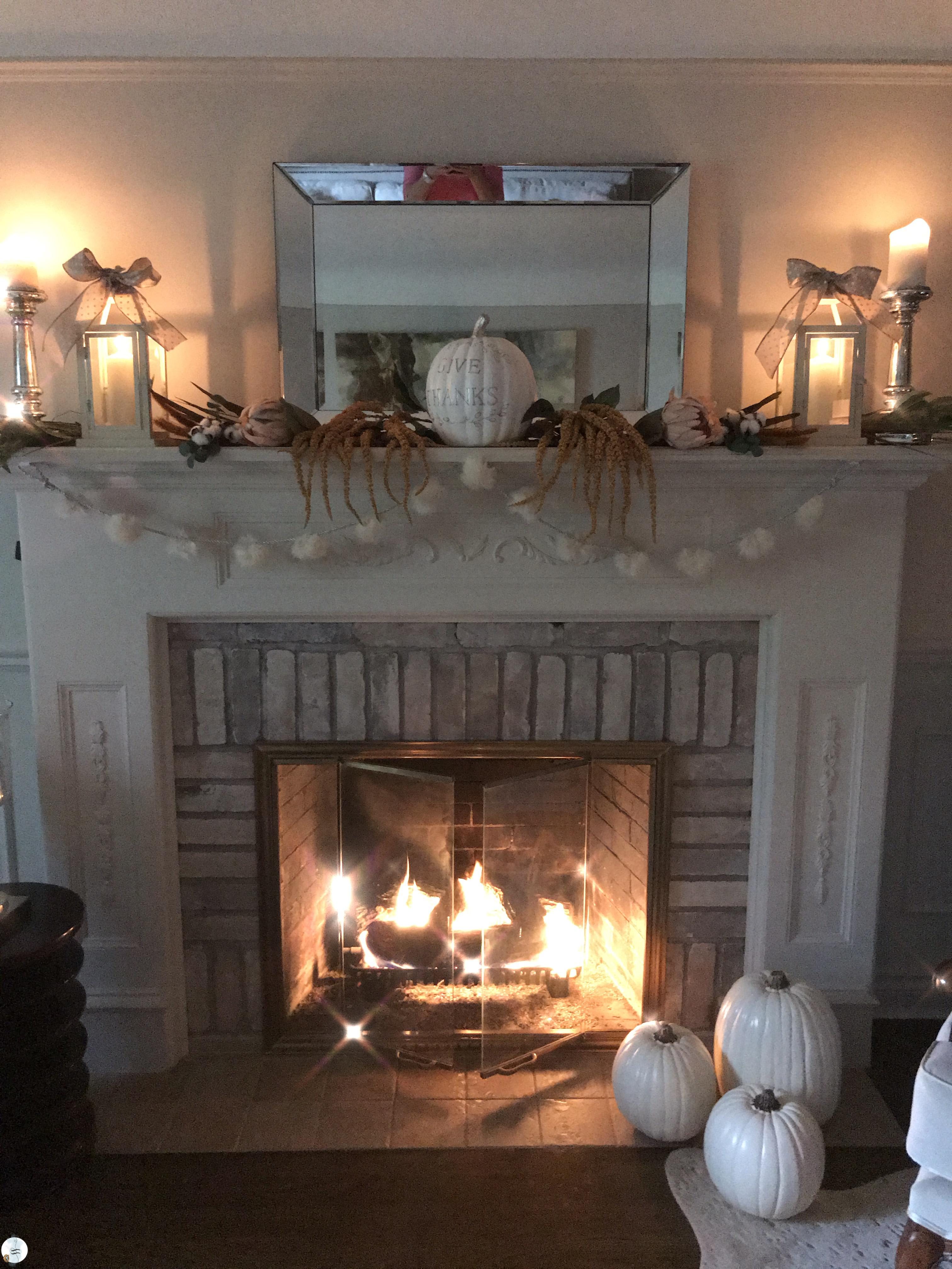 fall decor, fall family room, fall fireplace, fall mantel. fall cosy, better homes and gardens. 