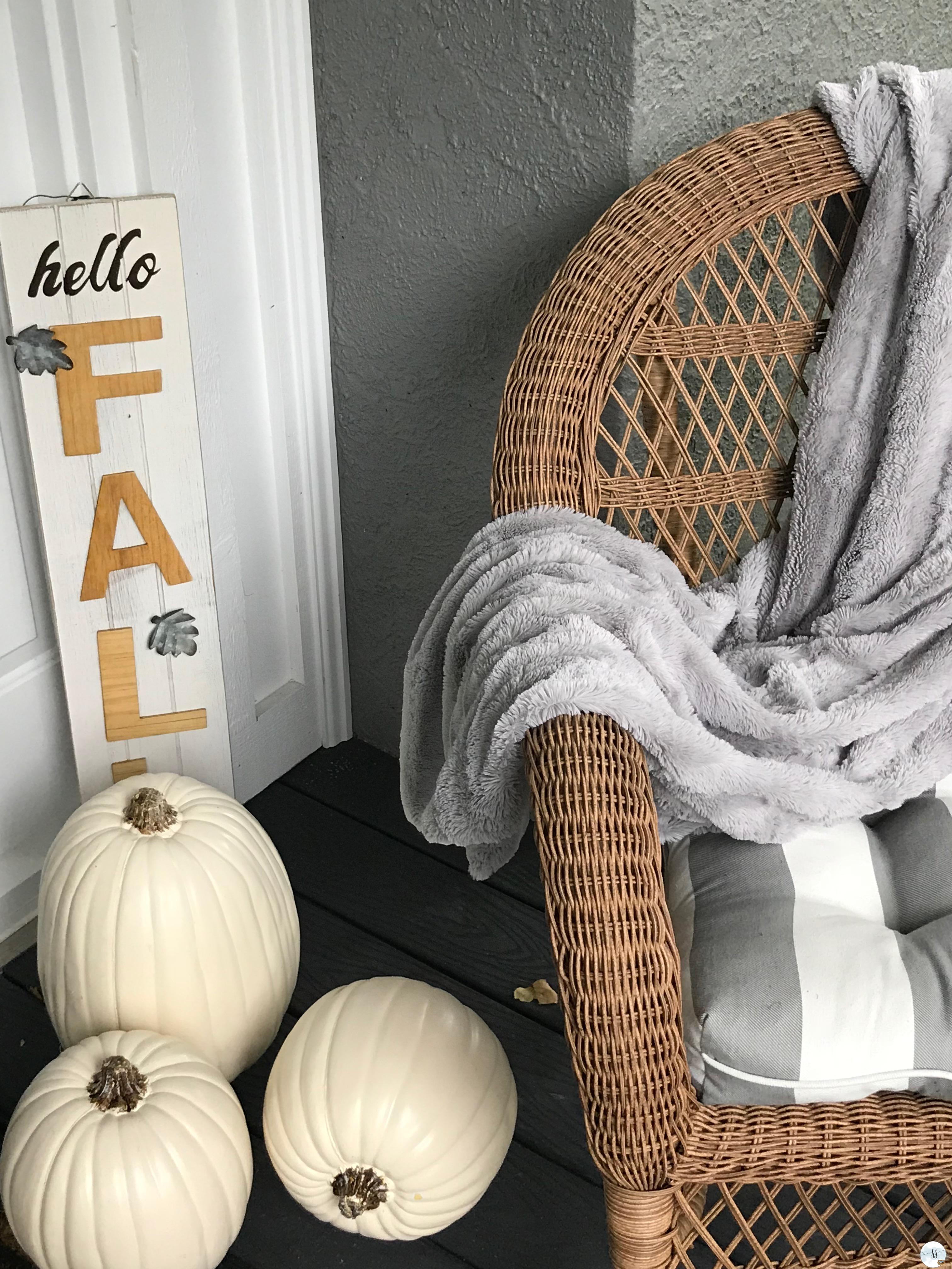 fall decor. fall entrance, better homes and gardens, white pumpkins. 