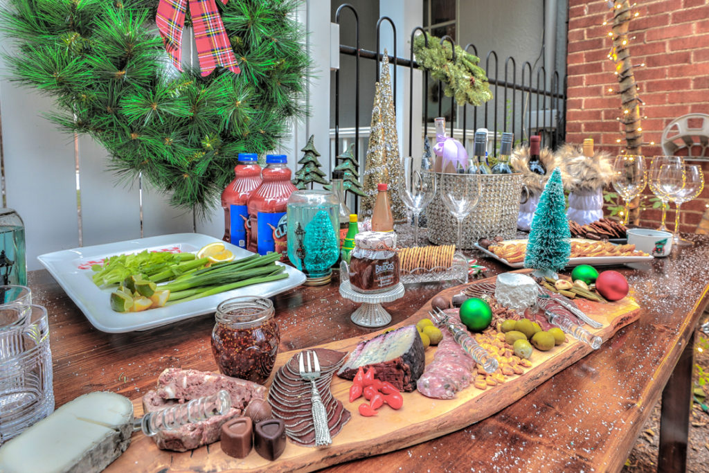 DIY winter wonderland decor at Christmas time. Charcuterie board makes nibbling easy. 