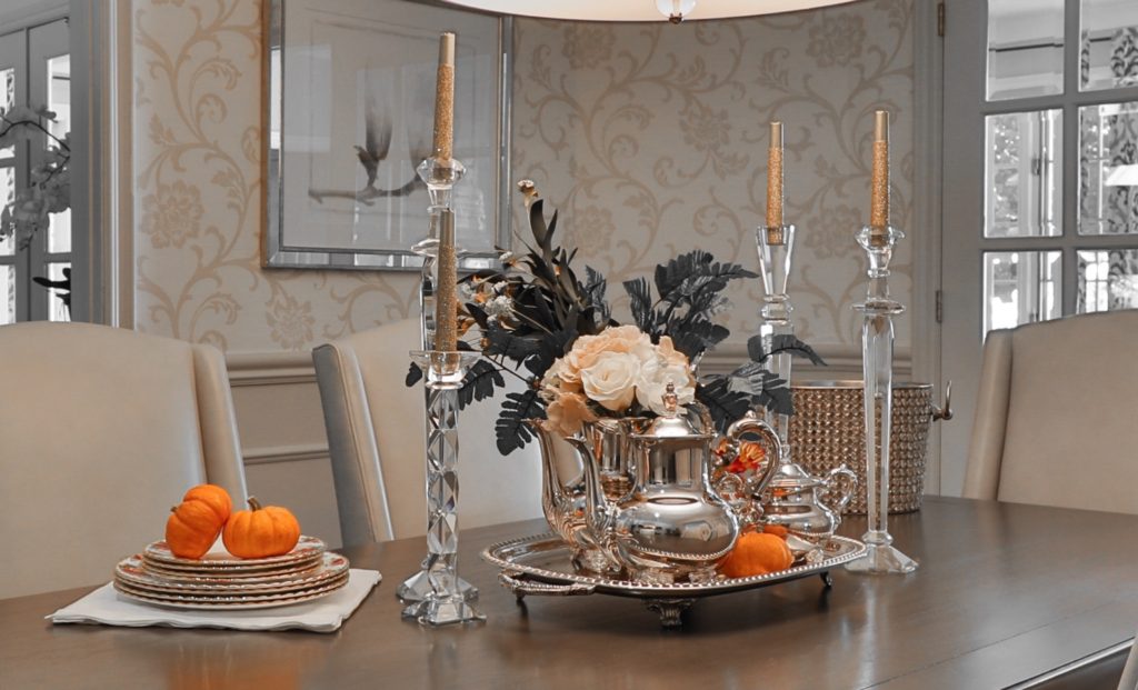 DIY fall floral arrangement in silver tea set