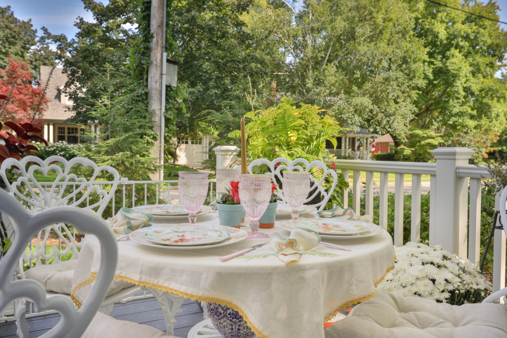 pink and blue fall tablescape