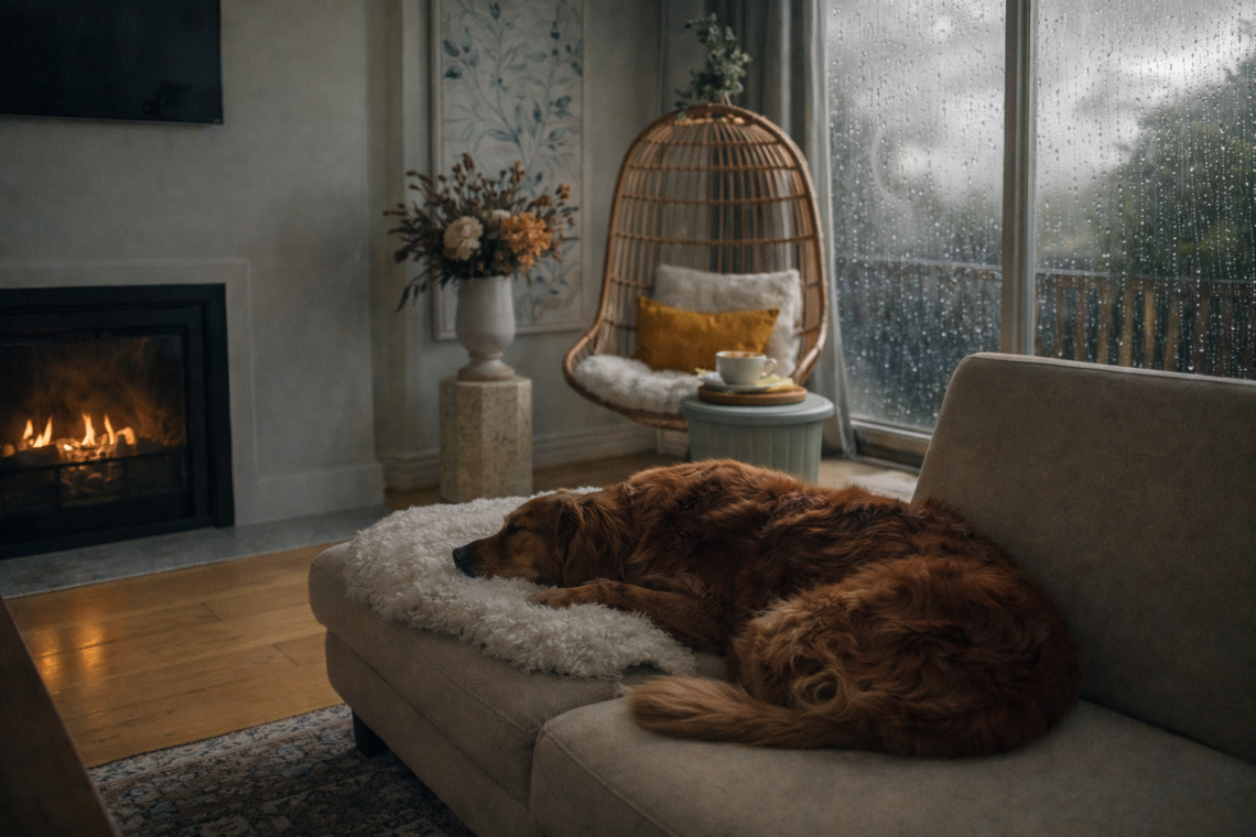 rainy day spring cleaning cozy living room with dog by window