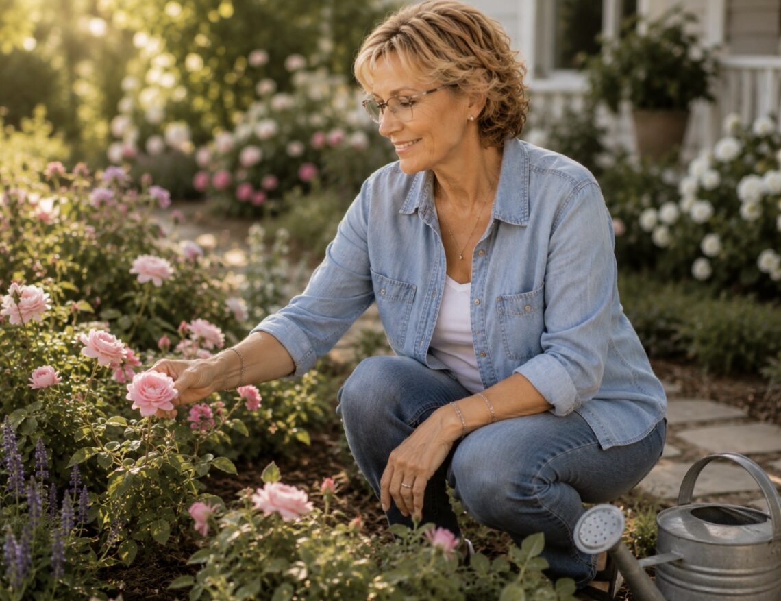 Woman relaxing in a summer garden reflecting on life after 60, slowing down, mindfulness, and guided journaling.