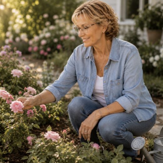 Woman relaxing in a summer garden reflecting on life after 60, slowing down, mindfulness, and guided journaling.