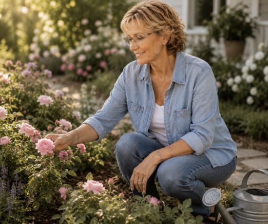 Woman relaxing in a summer garden reflecting on life after 60, slowing down, mindfulness, and guided journaling.